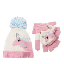 Kids Knit Unicorn Beanie And Gloves Set